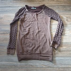 Maurices Brown Faded Burnout Crochet Knit Long Sleeve Top